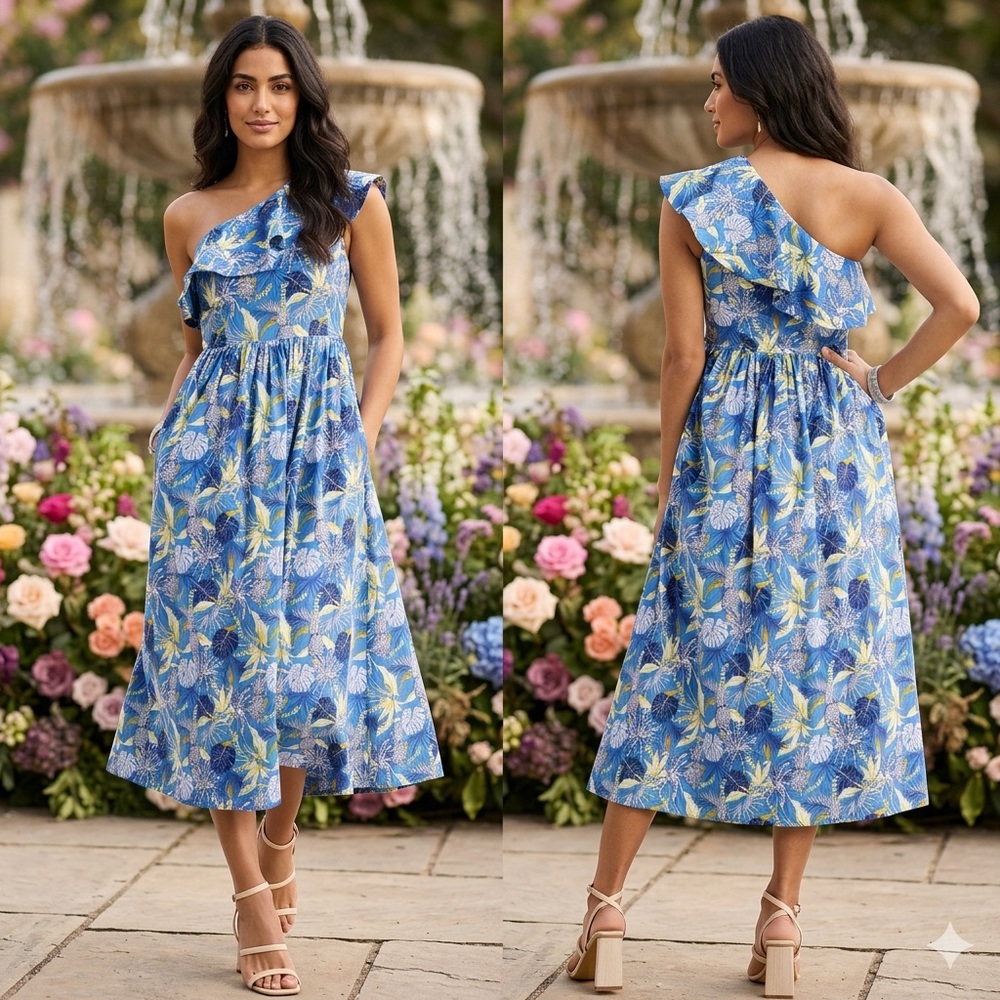 Blue One-Shoulder Floral Midi Dress